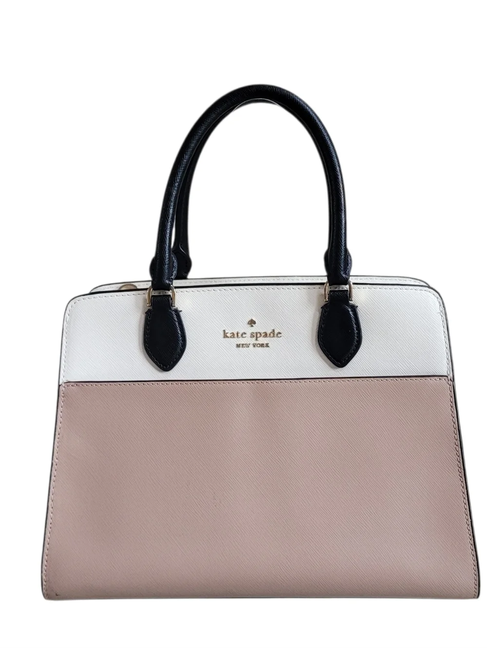 Kate Spade Womens Cream Tan Black Leather Madison Top Zip Medium Satchel